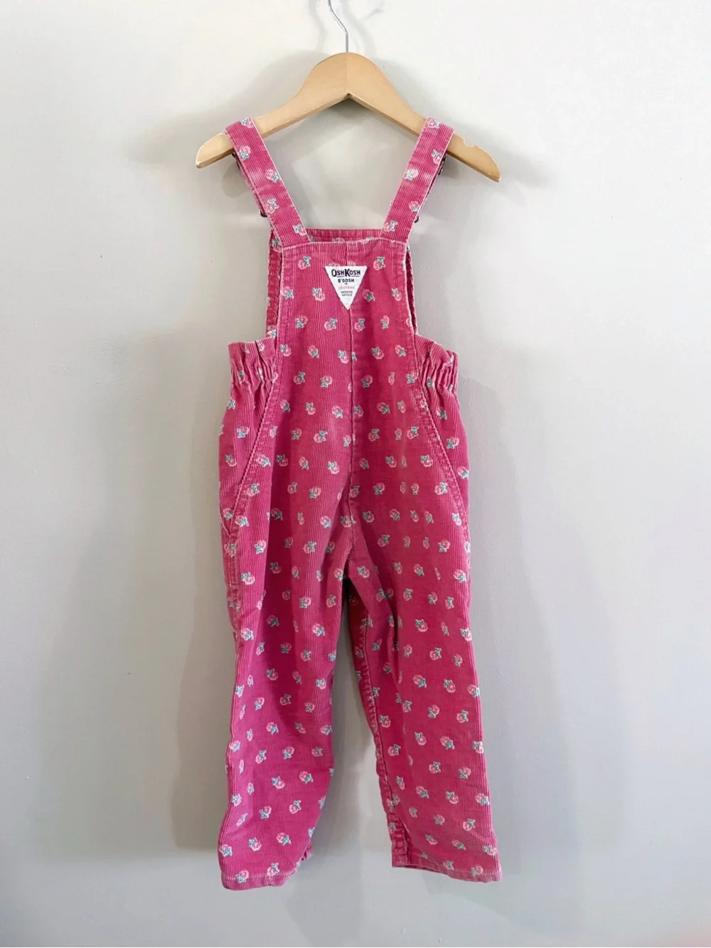 OshKosh B'gosh Vintage Girls Pink Floral Corduroy Overalls Sz 4 Cottage Kidcore